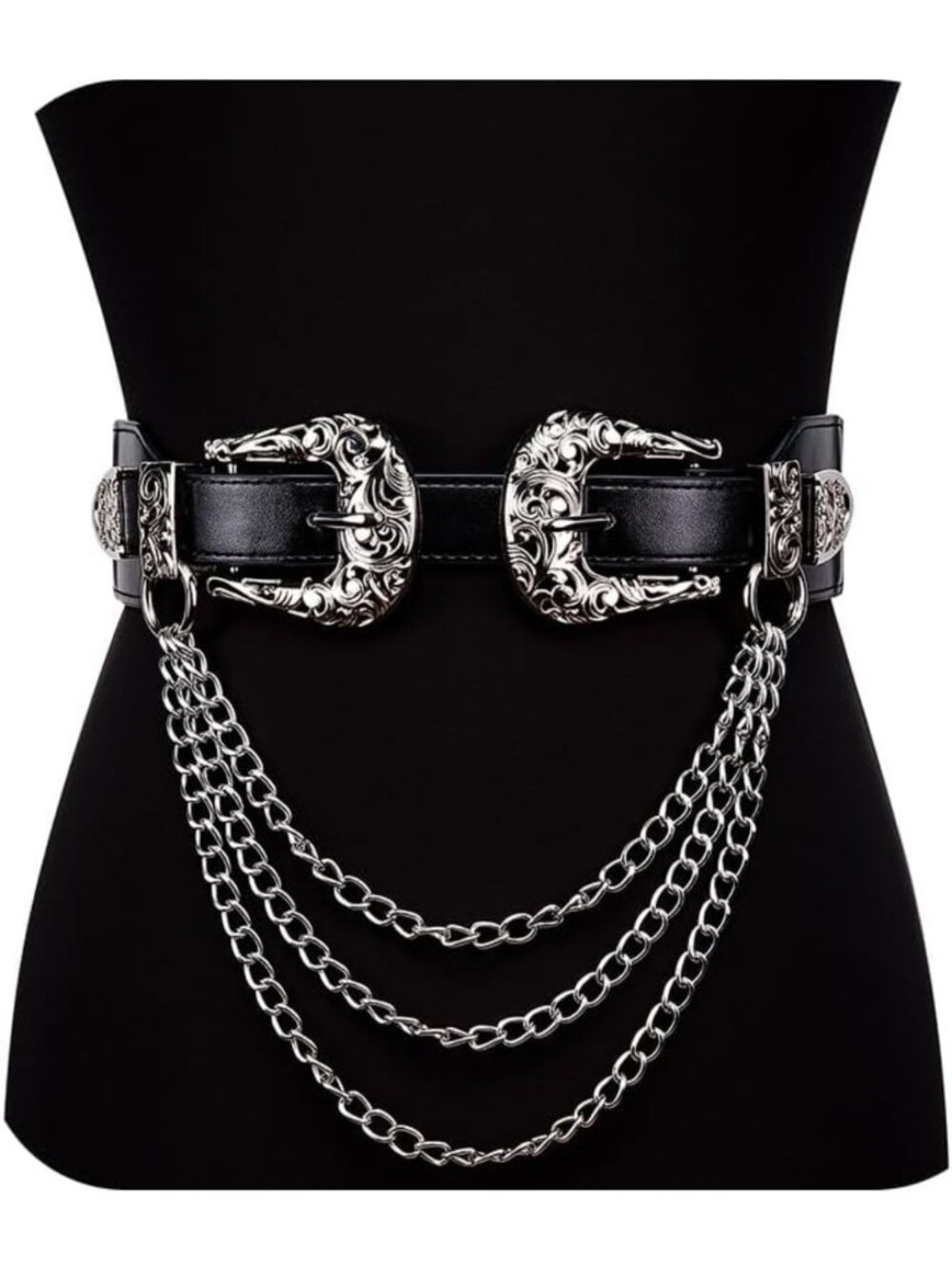 Vintage Western Leather Belt with Chain, Adjustable Elastic Double Buckle for
